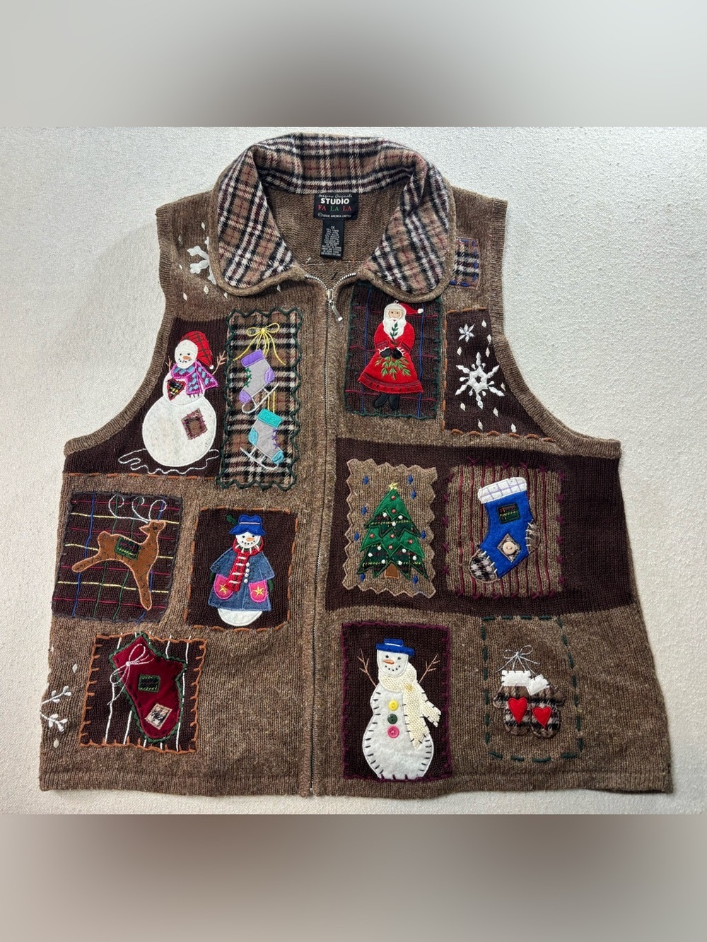 Vintage Studio Fa La La Christmas Sweater Vest 1X Snowman Santa Patchwork Zip